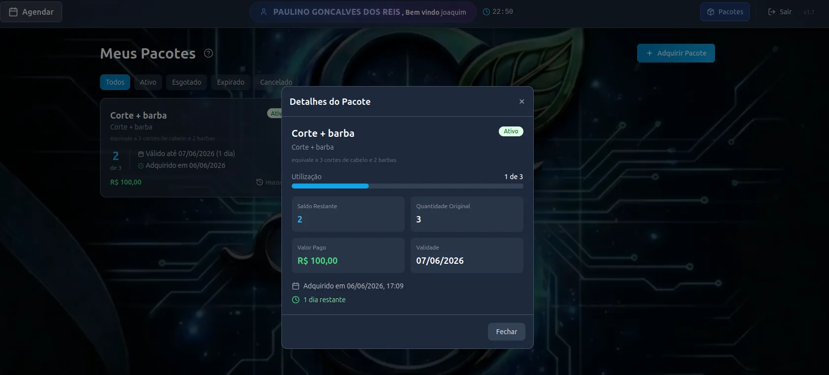 Tela de meus pacotes de serviços no SmartSalão